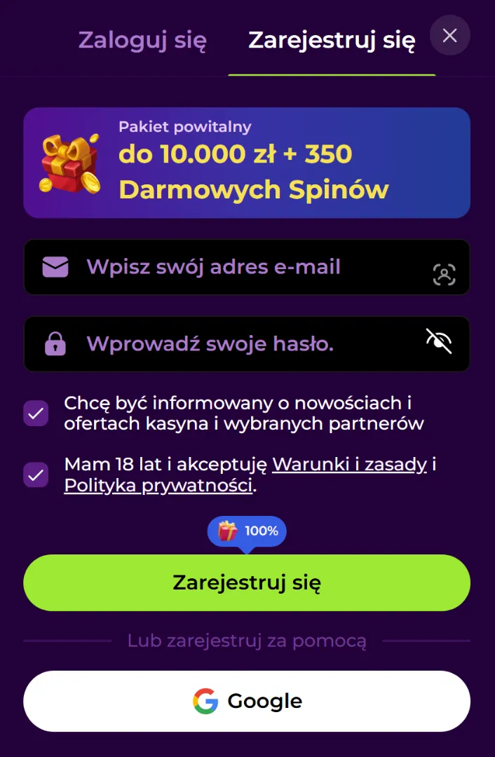 Schemat rejestracji konta w Spinmama kasyno online